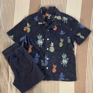 Navy Pineapple Print Button-Up Shirt and short